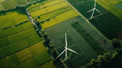 Wind turbines integrated into a green agricultural setting, demonstrating sustainable power generation.
