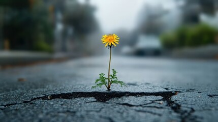 A resilient flower sprouting through cracked pavement.