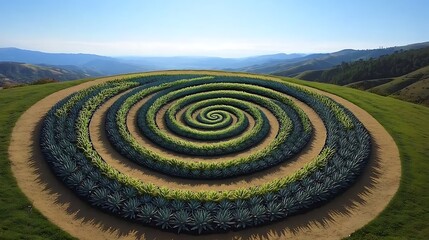 Stunning Aerial View of a Spiral Garden Design Featuring Succulents on a Hilltop with Mountain Views