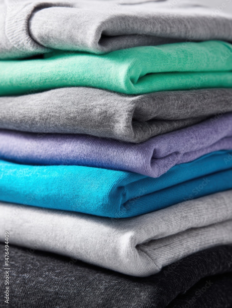 Poster folded athletic clothes stacked neatly in a well-organized space highlighting vibrant colors and cle