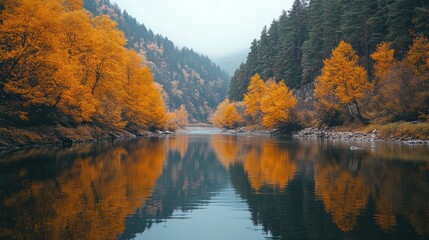Fototapeta premium Autumn River Reflection Golden Trees and Misty Green Hills