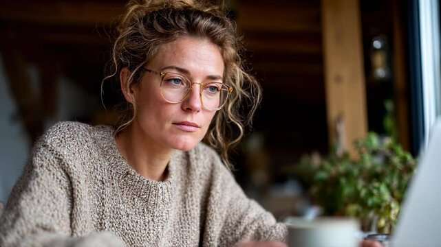 Young woman with glasses working on a laptop at home, wearing a cozy sweater and holding a coffee mug, natural light coming through the window &mdash; Generative AI