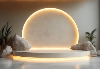 Beige Minimalist Product Display Platform with Warm Lighting and Stones