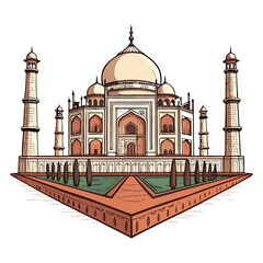 Create a bold, vector illustration of the Taj Mahal in India, emphasizing strong outlines and intricate details.