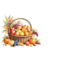 Thanksgiving day harvest basket with fruits and vegetables on white background  