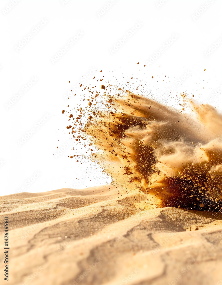 Poster a burst of sand and dust erupts from the desert floor, creating dynamic patterns against a stark whi