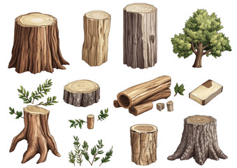 A collection of tree trunks and branches, including a large log and a small tree