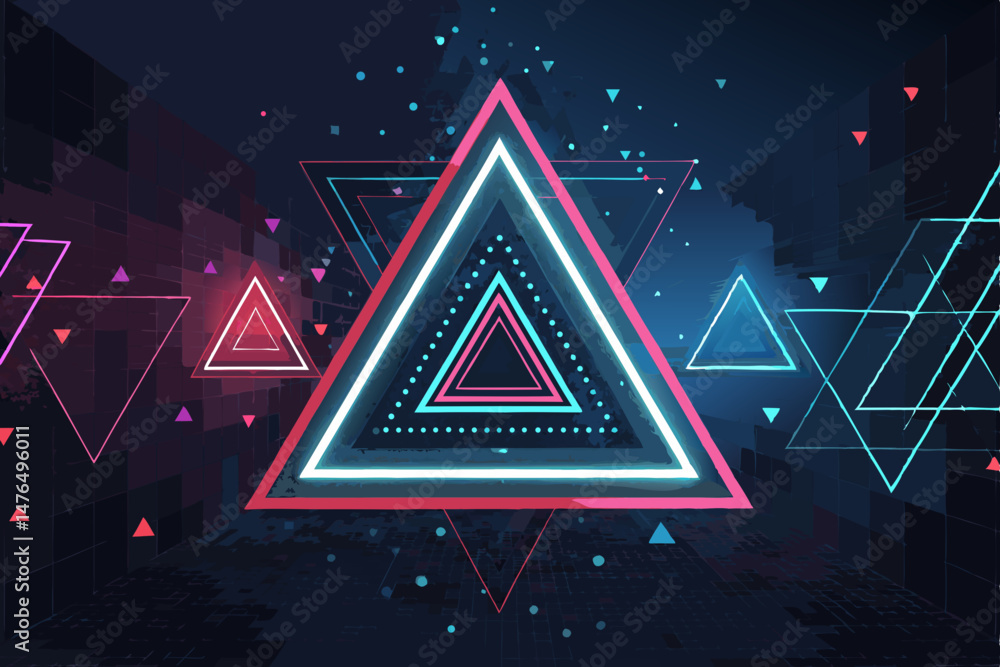 Poster generate a vibrant, futuristic abstract artwork featuring bold, intersecting triangles in neon color