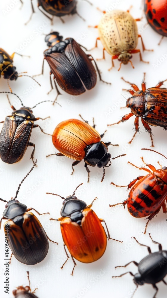 Aufkleber assorted beetles crawling on white background overhead shot diverse insect collection macro view ent