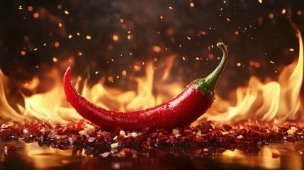Plexiglas schilderij Hete pepers Fresh Red Chili Pepper on a Bed of Crushed Peppers with Flames and Sparks in the Background  © ds17