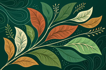 Create a vibrant, organic abstract vector illustration featuring bold, stylized leaf-like forms in a dynamic composition.  Emphasize flowing lines and rich, earthy tones.