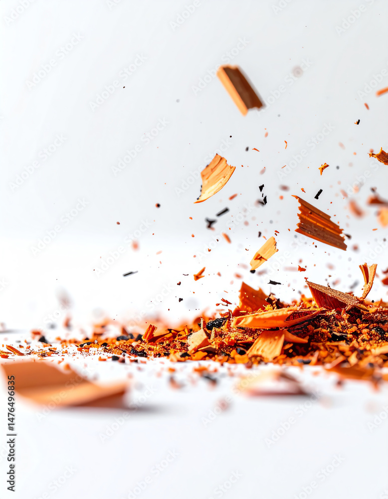 Poster scattered shavings and particles create a dynamic composition, showcasing textures and colors in an 