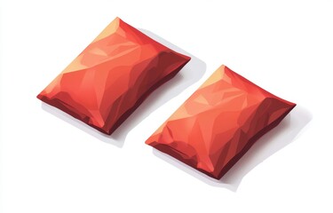 Naklejka premium Two reddish-orange, crumpled, packet-shaped items, likely snack food, are depicted, top-down view