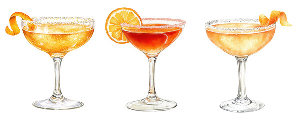 PNG Set of Sidecar cocktail with sugar rim and orange peel garnish in coupe glass. Watercolor illustration of classic brandy-based citrus drink isolated on transparent background. 