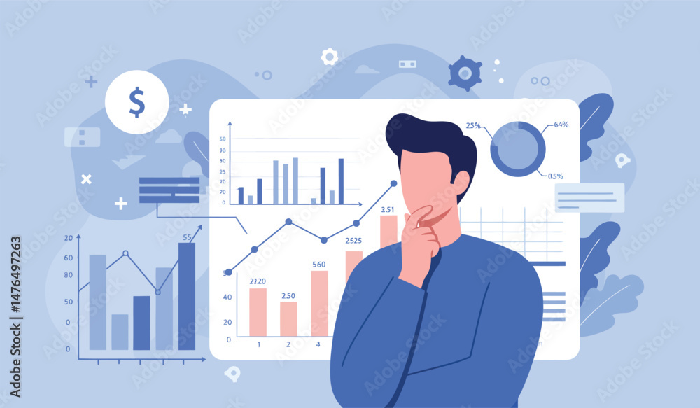 Poster business analytics and decision-making concept with charts and graphs for financial strategy