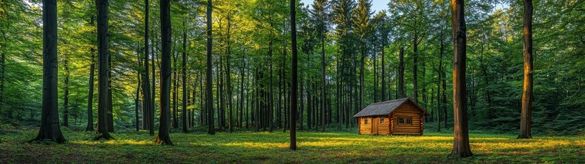 A cozy wooden cabin nestled amongst the tall trees in a vibrant, green forest clearing.