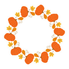 Round frame with autumn leaves and pumpkins. Pumpkin and leaf circular decoration for autumn celebrations and seasonal events