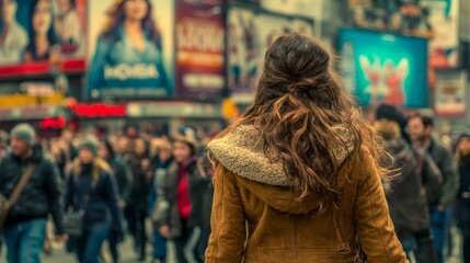 Obraz premium Woman Enjoys the Hustle and Bustle of a Film Festival, with Blurred Movie Posters in the Background