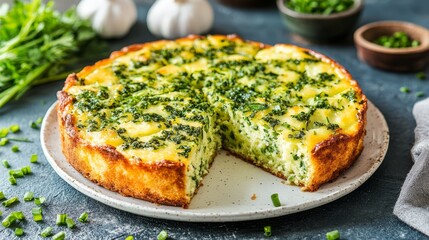 Savory Sour Cream and Herb Cake on White Plate, Garnished with Fresh Herbs, on Dark Background