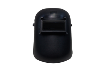 Black welding helmet isolated on transparent background. Protective headgear designed for eye and face safety during welding operations. Industrial safety equipment concept.