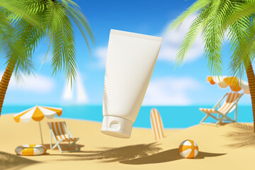 Sunscreen tube floating in the air over beach with beach chairs and umbrellas in background. Protection for skin from solar ultraviolet light. 3D illustration. Advertising sunscreen packaging mockup