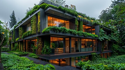 Sustainable architecture showcasing vibrant vertical gardens and greenery high resolution image