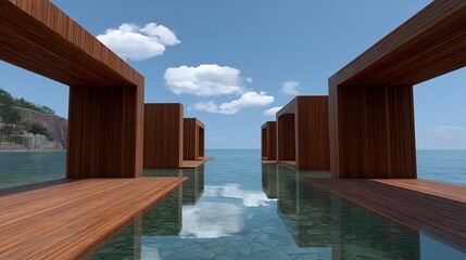Serene Coastal Wooden Pavilion Tranquil Ocean View.