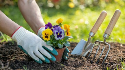 Fototapeta premium Gloved hands planting colorful pansies in a brown pot, surrounded by gardening tools and lush greenery; concept for landscape design, gardening, and environmental awareness