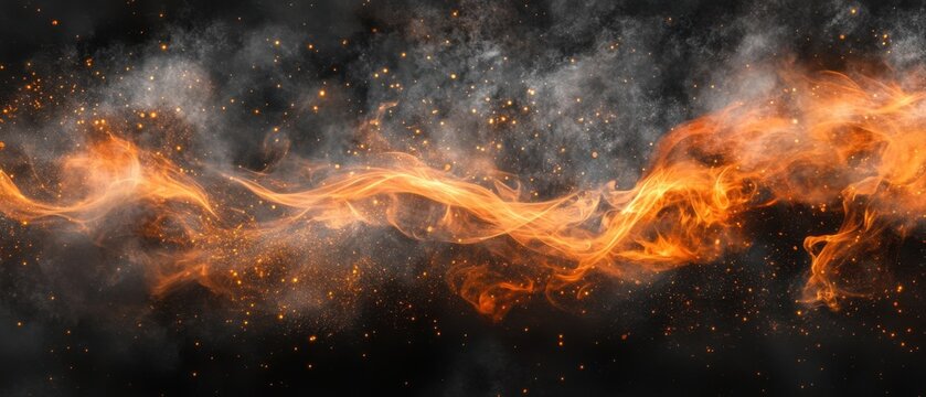 Abstract fire wave on black background with smoke and sparks digital illustration art horizontal view