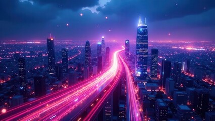 Fototapeta premium A Vibrant Metropolis at Night Illuminated Skyscrapers and Glowing Highway Traffic Flowing Through the City Center