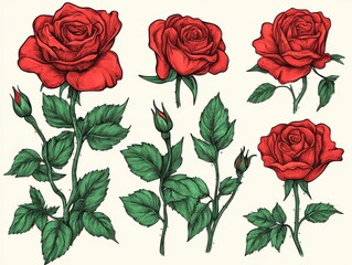 Red Roses Illustration with Green Leaves and Buds on White Background Artistic Floral Design