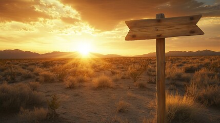 Golden prairie landscape with wooden trail sign pointing towards mountains under dramatic sunset. Concept of adventure, exploration and untouched natural beauty in wilderness.