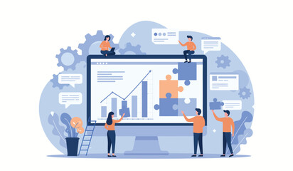 Collaborative teamwork analyzing business data with interactive charts and puzzle solving