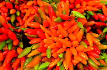 Brightly Colored Hot Peppers in a Market