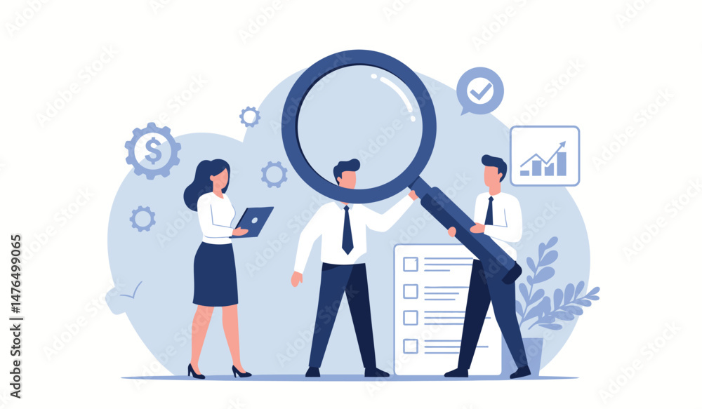 Poster business team analyzing data with magnifying glass in office setting