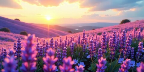 Serene Sunset Over a Vast Field of Blooming Purple Flowers on Rolling Hills