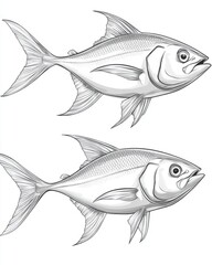 Fototapeta premium Two Fish Swimming Illustration Side View Detailed Line Art Style Aquatic Animals Ocean Life Marine Biology