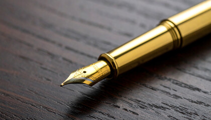 Golden fountain pen on wooden table surface.