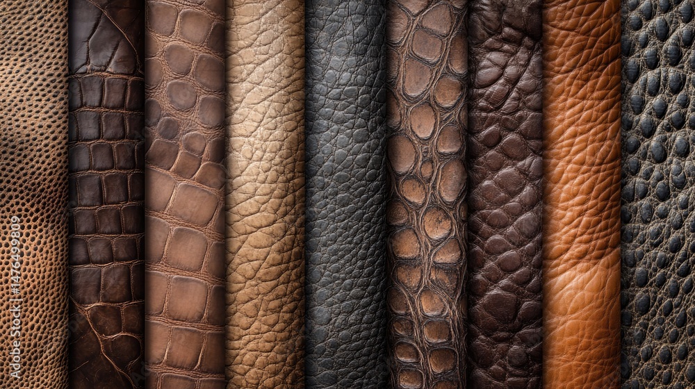 Poster a vibrant collection of various leather textures displayed in a visually appealing arrangement. show