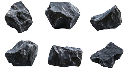 A collection of black rocks are shown in various sizes and shapes
