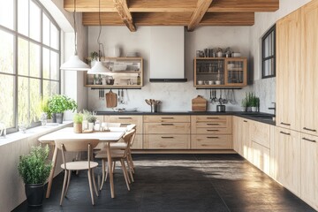 Modern kitchen interior featuring wooden cabinetry and a round dining table with black chairs. illuminated by natural light from a large window overlooking autumn foliage