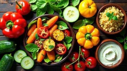 Vibrant and healthy vegetable salad with roasted baby carrots, cherry tomatoes, and citrus segments, accompanied by small pasta, creamy sauce, and fresh herbs in a rustic wooden setting.