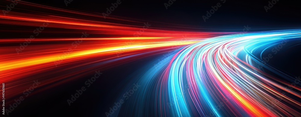 Poster a dynamic abstract representation of vibrant light trails weaving through a dark background. evoking