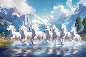 Seven White Horses Galloping Through Water, Majestic Mountains Backdrop, Fantasy Art, Dramatic Lighting, Scenic Landscape