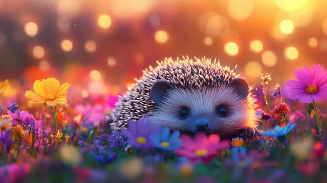 Enchanting hedgehog amidst vibrant blossom field on sunny afternoon