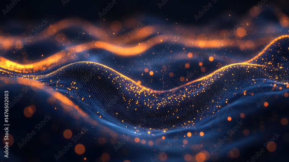 Poster abstract representation of flowing waves illuminated by glowing particles. creating a mesmerizing vi