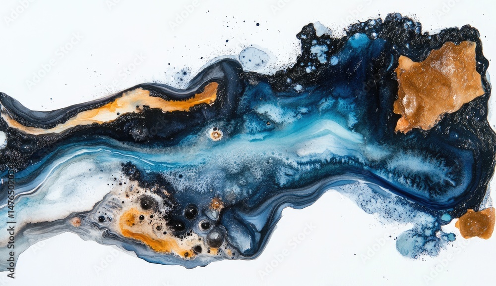 Poster abstract fluid art featuring swirling patterns of blue. black. and copper hues. creating a dynamic v
