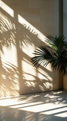 Palm frond shadow play on textured wall in sunlit interior scene creating tropical modern ambiance