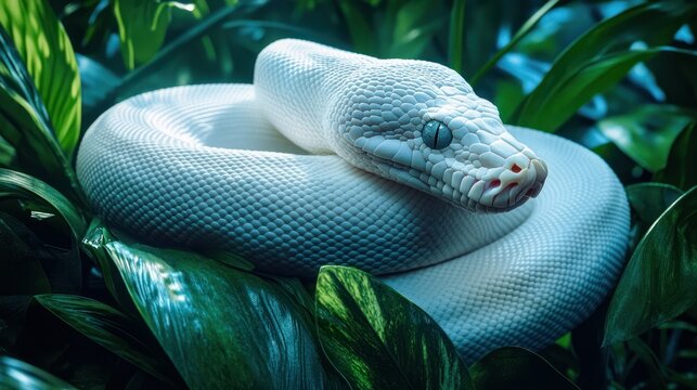 Large white python snake curled around vibrant green tropical leaves in a lush jungle environment with detailed scales and natural lighting - Powered by Adobe
