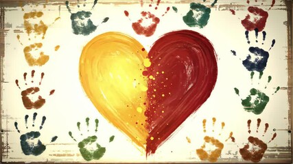 Rustic painted heart with colorful handprints pulsing and glowing on wood - Powered by Adobe